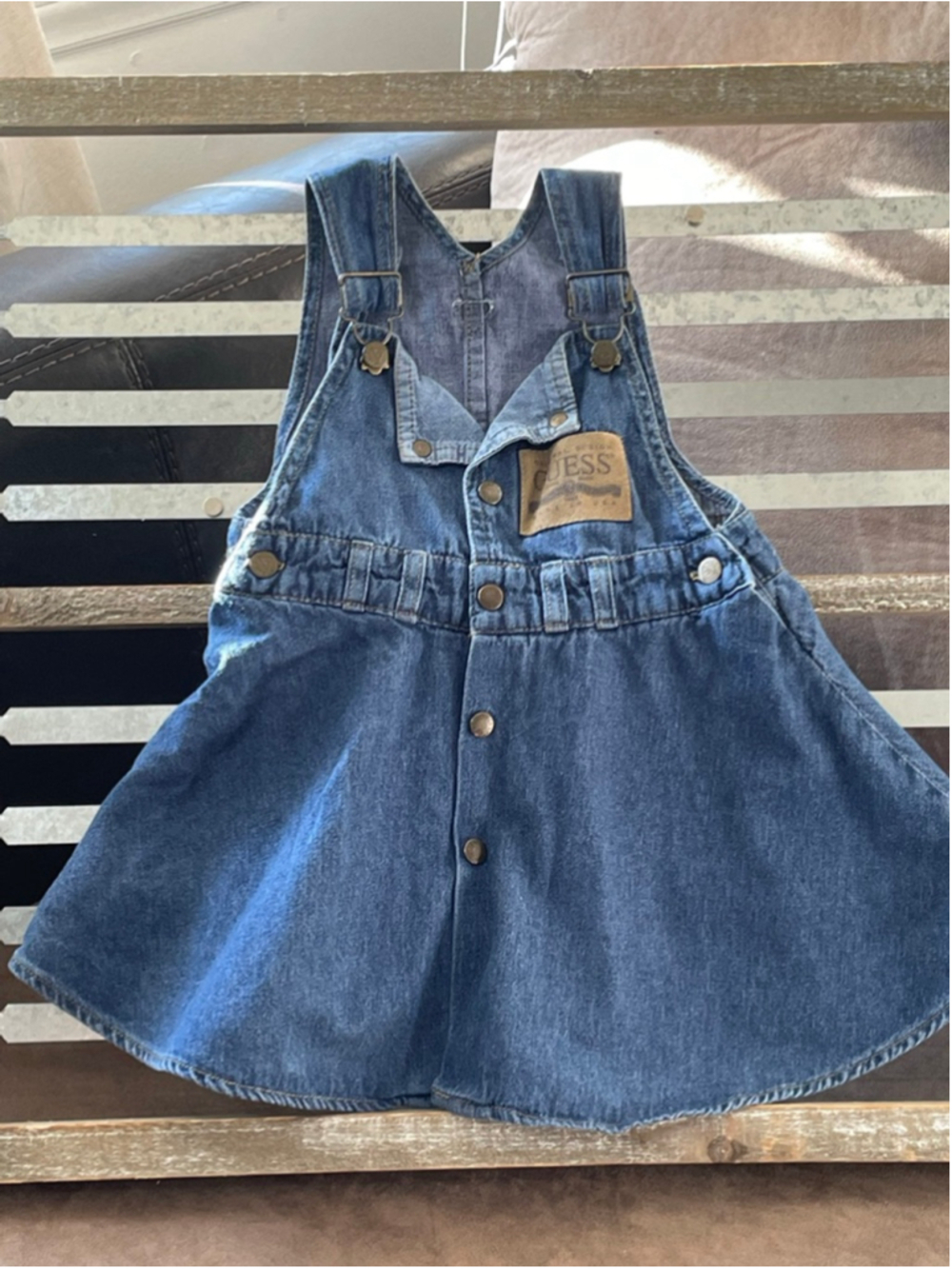 Vintage Baby Guess Blue Denim Pinafore Dress 3T Georges Marciano Leather Patch - Picture 2 of 9